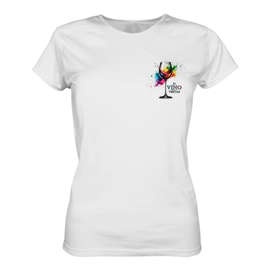 In Vino Veritas - Ladies Organic Shirt in white, featuring a colorful wine glass design on the front.