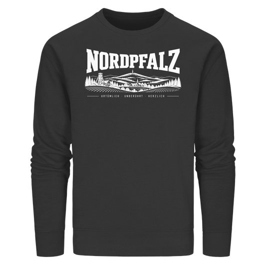 Nordpfalz - Organic Unisex Sweatshirt in Black with graphic design featuring landscape and text details.