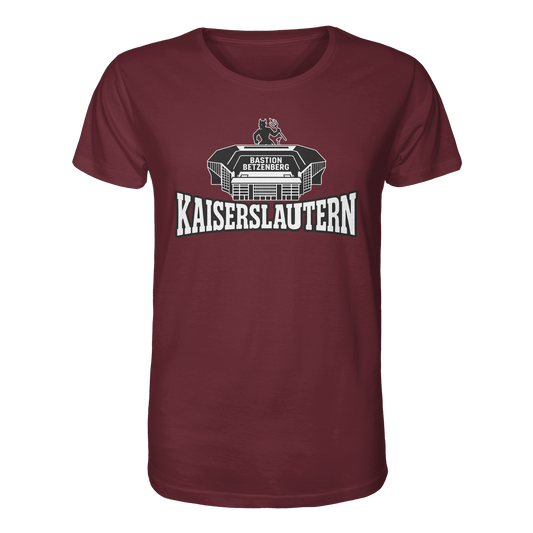 Kaiserslautern Stadion - Unisex Organic Shirt in Burgundy with Bastion Betzenberg graphic.